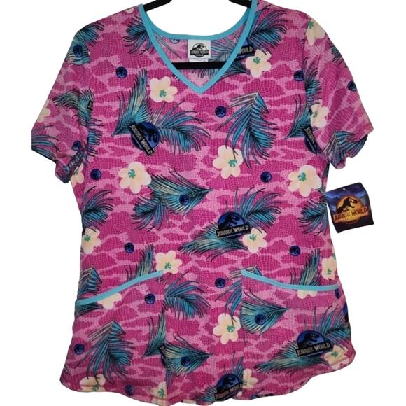 Jurassic World Dominion Scrub Top V-Neck Short Sleeve Pockets Pink Teal S - Picture 1 of 7